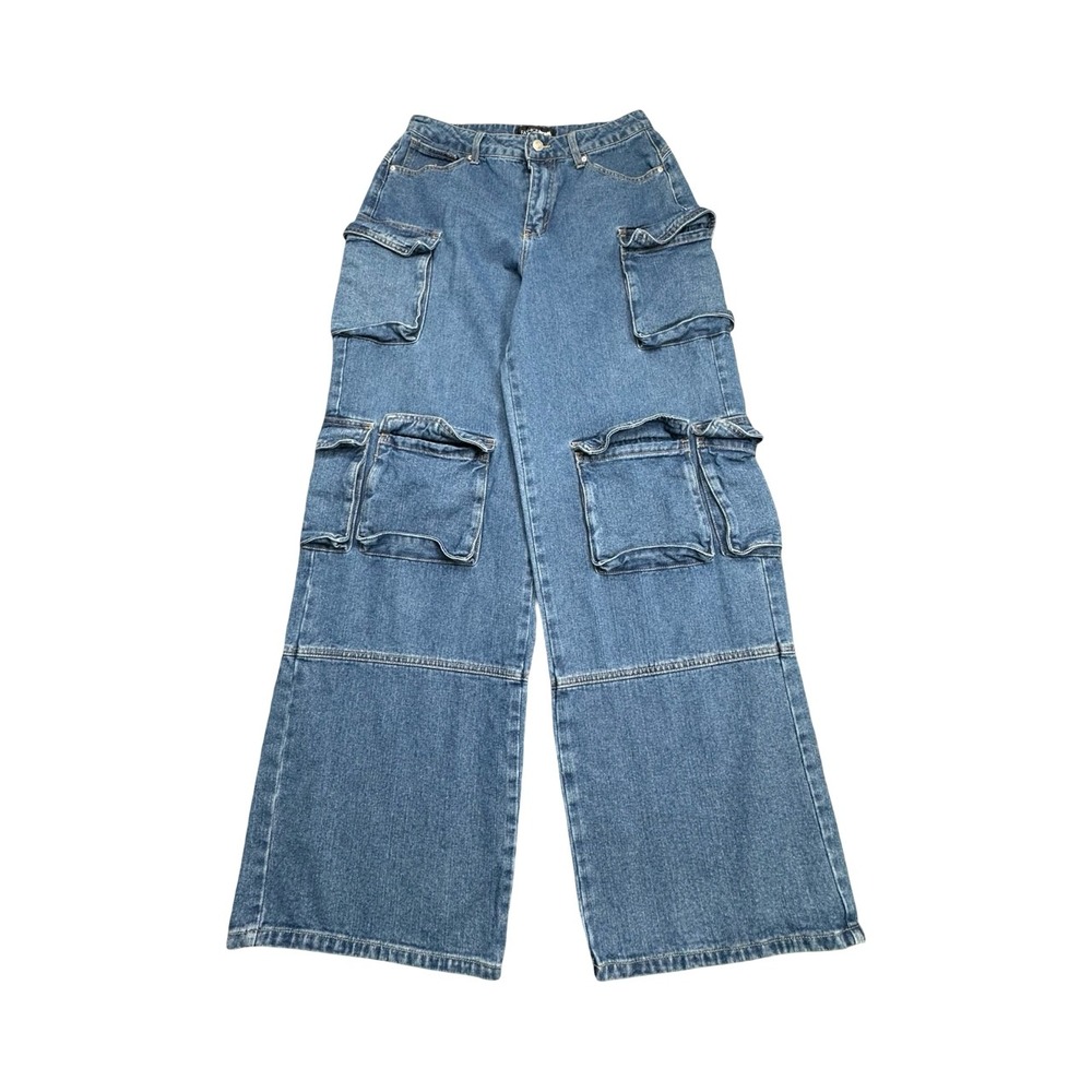 Fashion Nova Cargo Jeans Womens 9 Blue Wide Leg Multi Pocket‎ Utility Streetwear